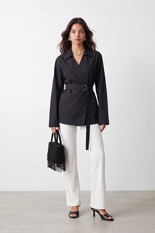 V-neck belted shirt