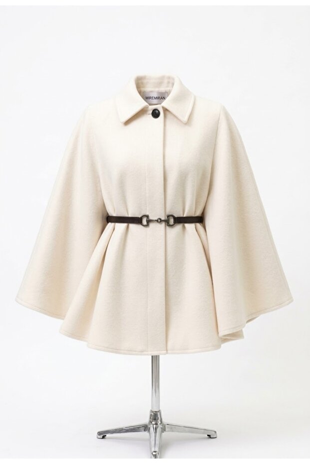 Cloak Poncho with Belt Length 77cm Wool Cloak 2026002 Cream