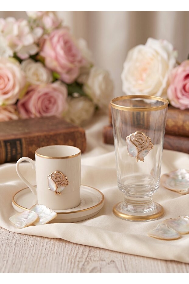 Roses Cream 2-Person 6-Piece Coffee Cup Set with Decorated Cups