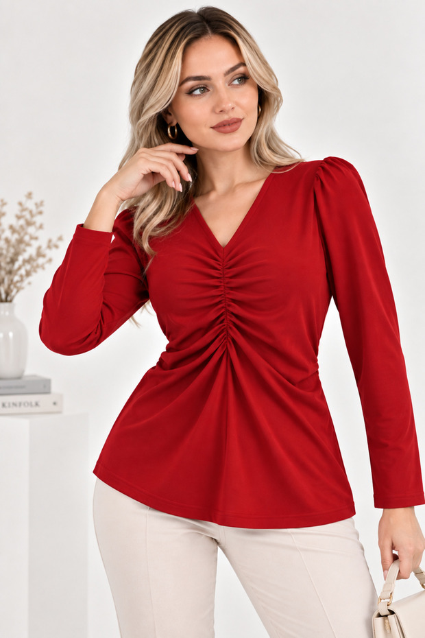 Red Gathered Front V-Neck Long Sleeve Blouse