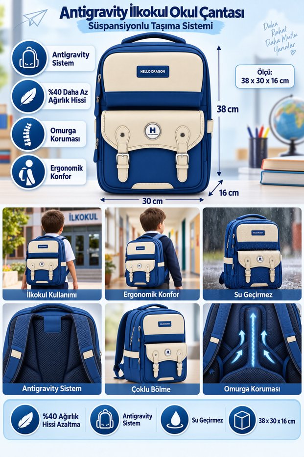 Primary School School Bag Model 13 Blue Antigravity 38X30X16 cm