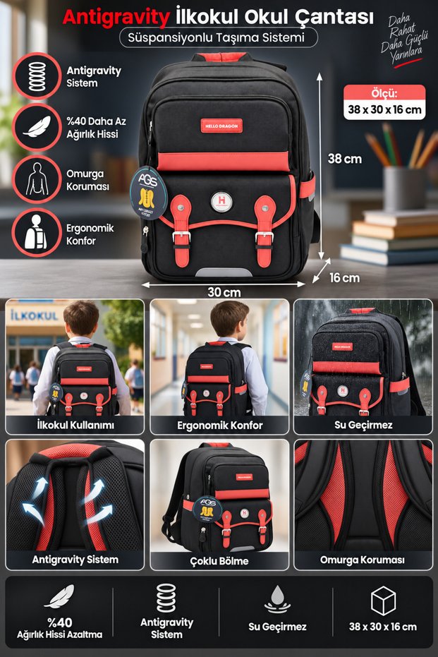 Primary School School Bag Model 12 Black Antigravity 38X30X16 cm