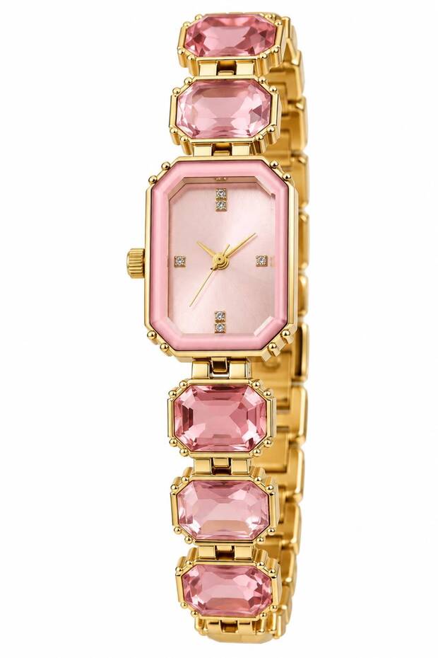 Women's Gold Stone Wristwatch – Stylish and Elegant Band Watch with Pink Crystal Detail
