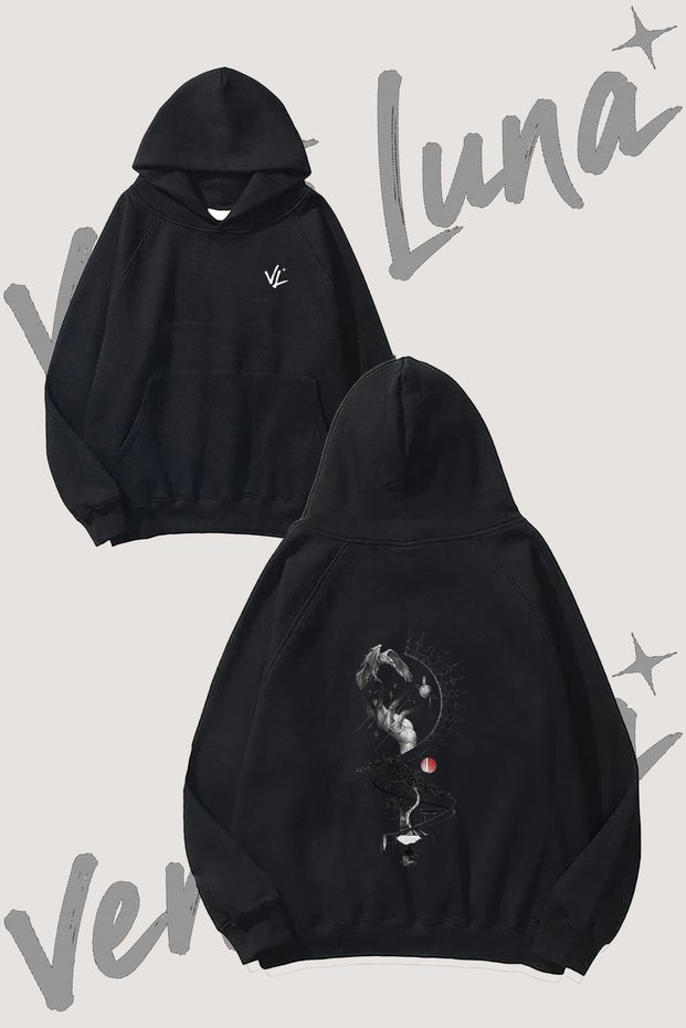Eagle Hand Bonsai Design Back Printed Black Hooded Sweatshirt