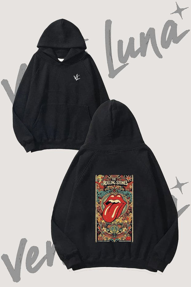 Rolling Stones Design Backpack Printed Black Hooded Sweatshirt