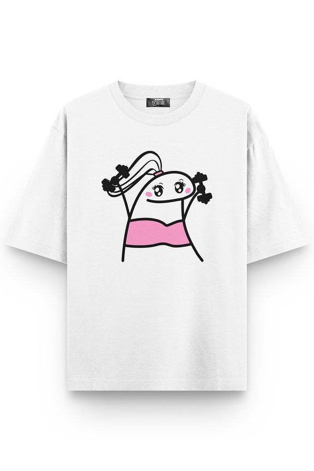 Dumbbell Girl Front Printed Oversize T-Shirt White