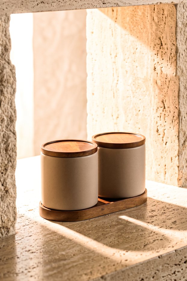 Esmer Set of 2 Porcelain Jars with Wooden Trays 10 cm