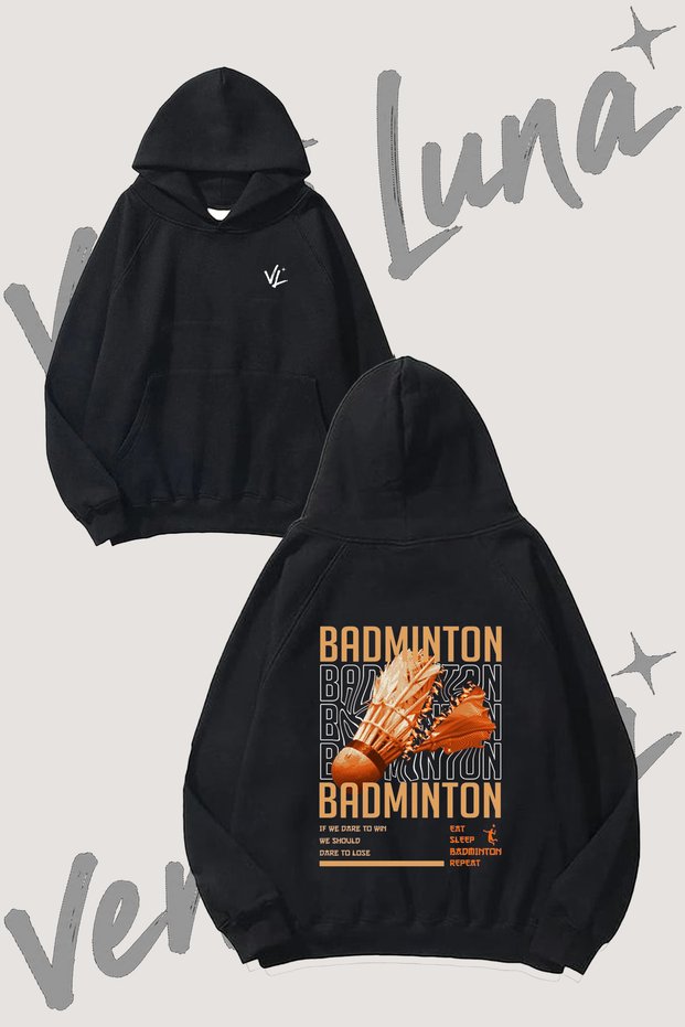 Badminton Shuttlecock Design Back Printed Black Hooded Sweatshirt