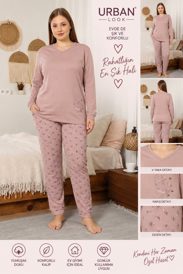 Women's Plus Size V-Neck Long Sleeve Patterned Pajama Set – Comfortable Loungewear