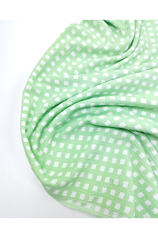 Green and White Tiny Square Patterned Thin Soft Crinkled Jersey Fabric for Dresses & Blouses 170X250Cm