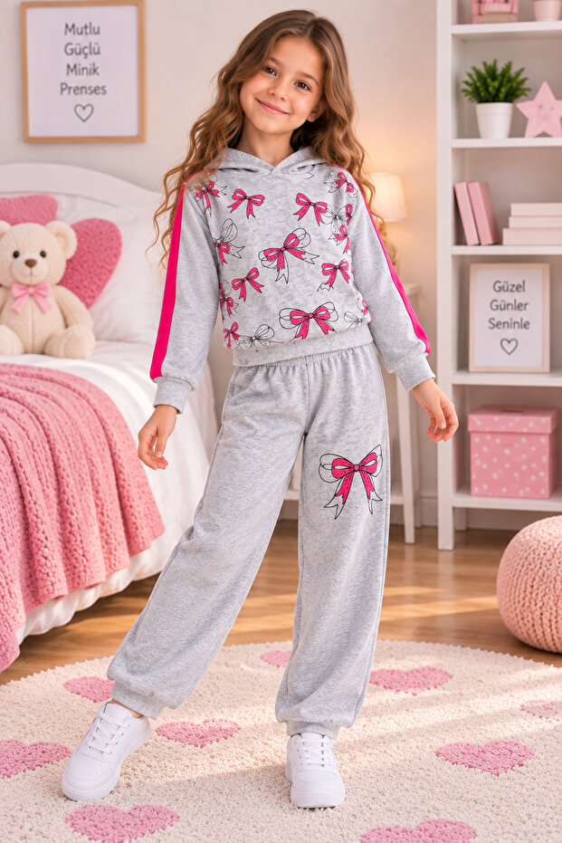 Girl's Bow Printed Hooded Gray Tracksuit Set