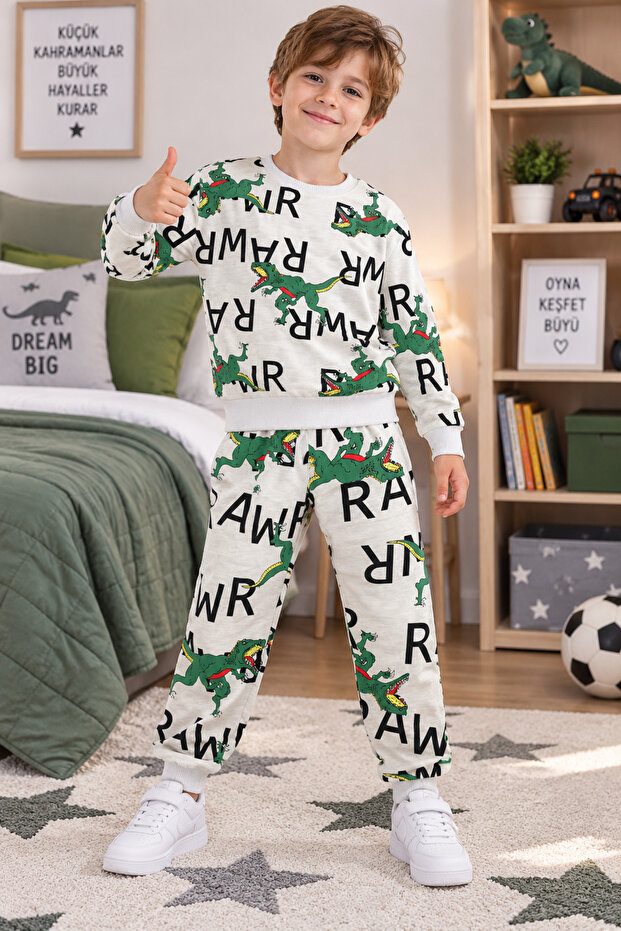 Boy's Dinosaur Printed Rawr 2-Piece Tracksuit Set Ecru