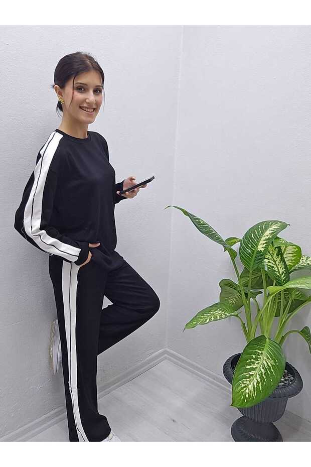 Women's Modal Fabric Striped Black Tracksuit Set