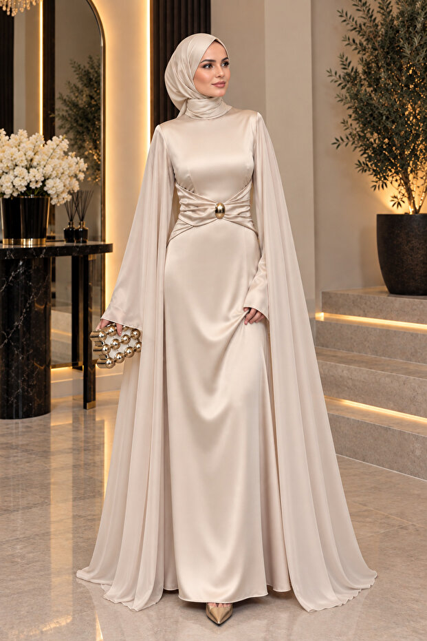Cape Detailed Buckled Satin Hijab Evening Dress