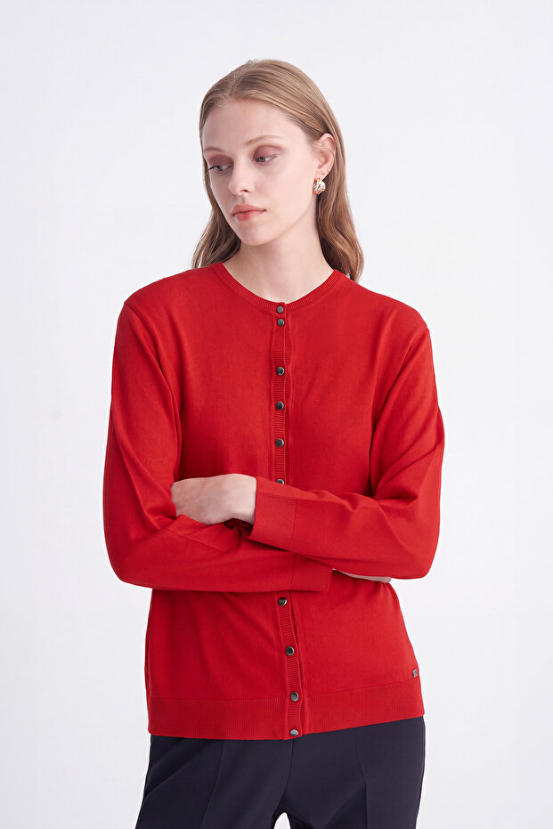 Button Detailed Ribbed Knitwear Red Cardigan 0042
