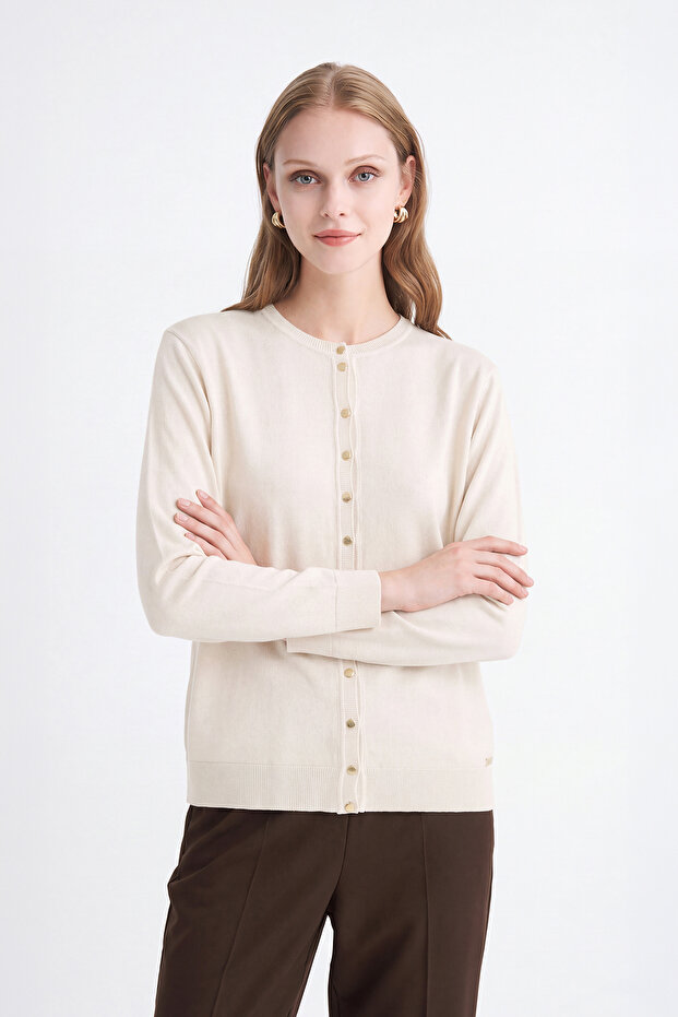 Button Detailed Ribbed Knitwear Ecru Cardigan 0042