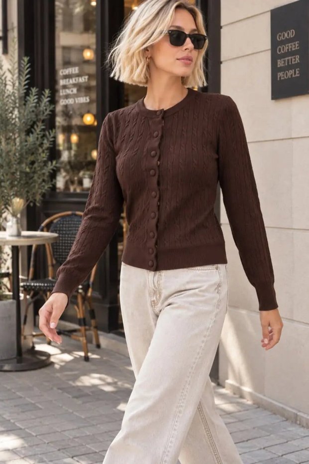 Women's Luxury Core-Spun Yarn Hair Knit Crew Neck Knitwear Cardigan 12551