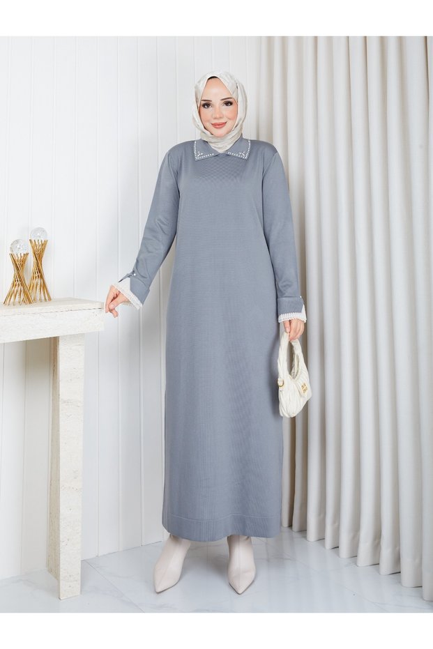 Cold Yarn Stone Detailed Shirt Collar and Ruffled Sleeves Knitwear Dress