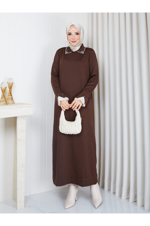Cold Yarn Stone Detailed Shirt Collar and Ruffled Sleeves Knitwear Dress