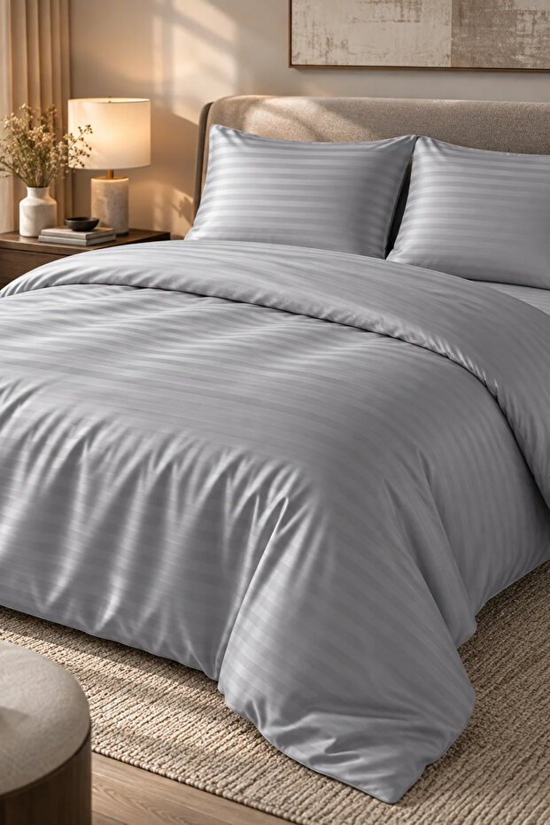 Premium Striped Cotton Satin Double Duvet Cover Set | Pillowcase and Sheet Included | Light Gray