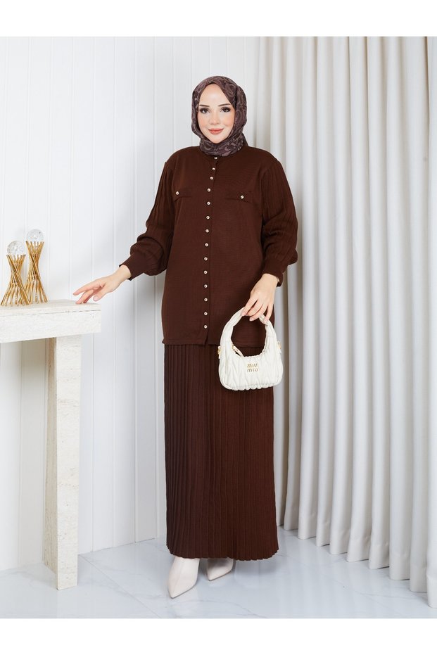 Stoned Buttoned Long Cardigan Balloon Sleeve Knitwear Skirt Set