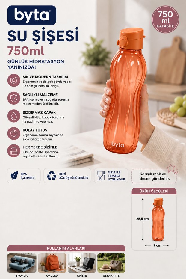 750 ml Leak-Proof Water Bottle Flask Bpa Free Ergonomic Design Sports School Office Travel
