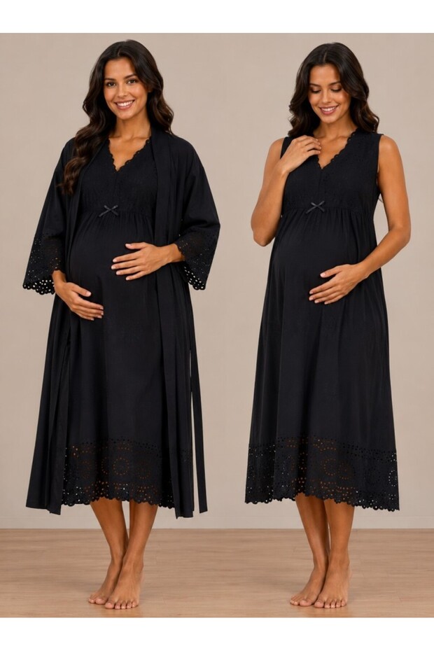 Scalloped Fabric Maternity Nightgown Set with Breastfeeding Feature Effortt