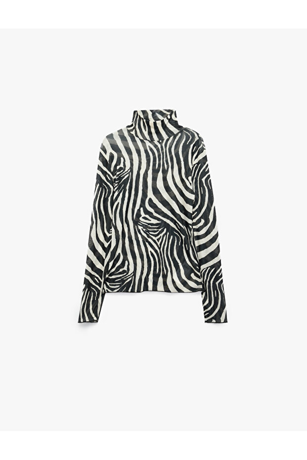 Slim Long Sleeve Zebra Patterned High Neck Blouse