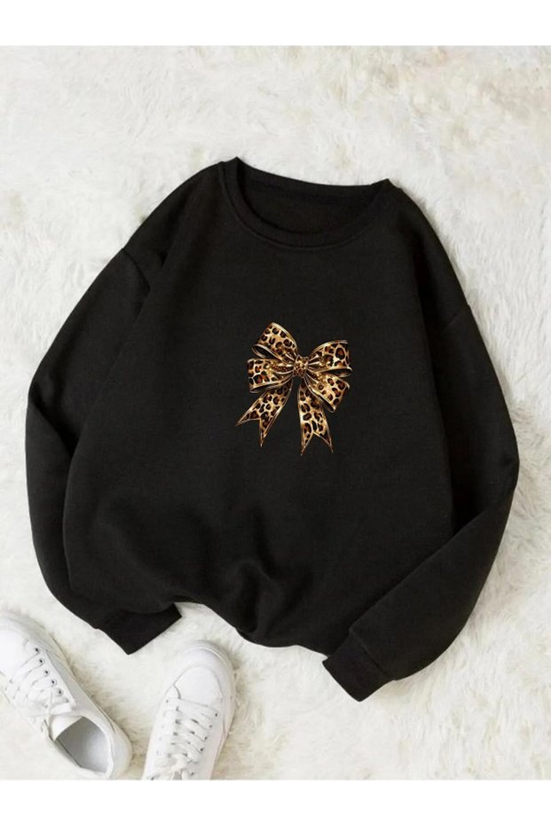 Women's Winter Bow Leopard Print Crew Neck Sweatshirt