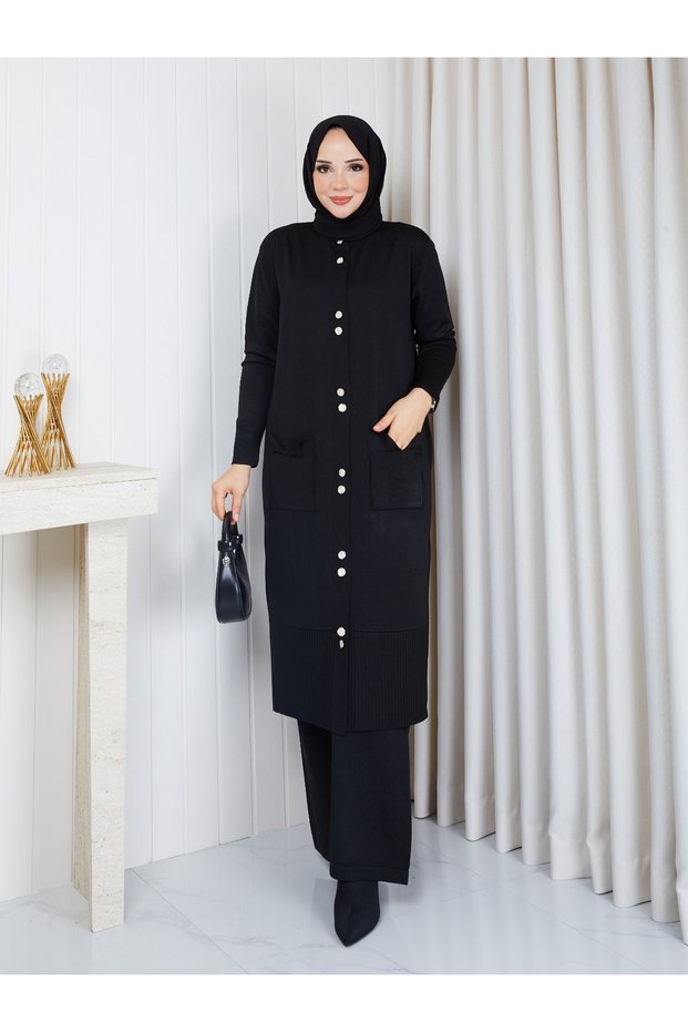 Cold Yarn Pocket Bow Detailed Buttoned Long Vest Knitwear Trouser Set