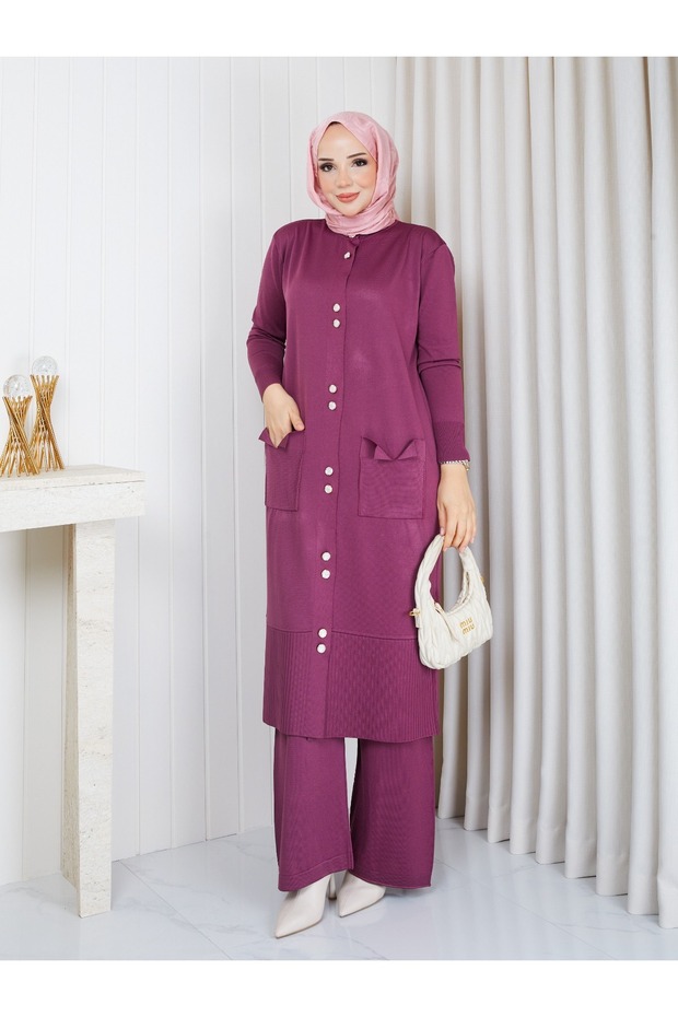 Cold Yarn Pocket Bow Detailed Buttoned Long Vest Knitwear Trouser Set