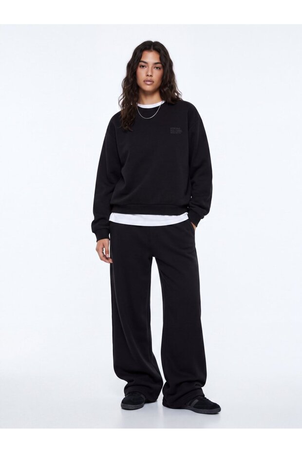 Regular Fit Letter Printed Crew Neck Black Sweatshirt