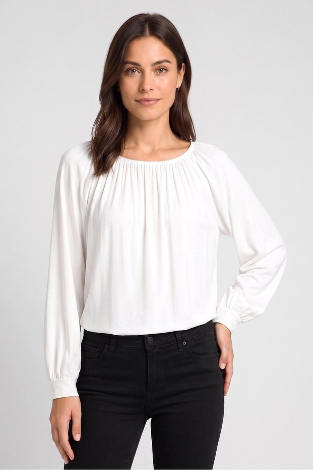 Women Boat Neckline Long Sleeve Plain Top, White