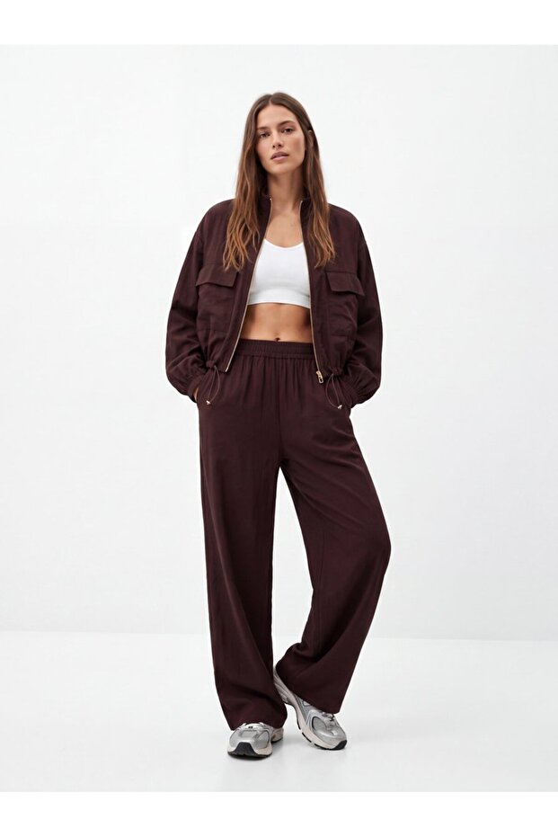 Relaxed Fit Elastic Waist Modal Brown Trousers