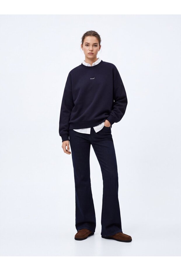 Relaxed Fit Minimal Text Printed Navy Blue Sweatshirt