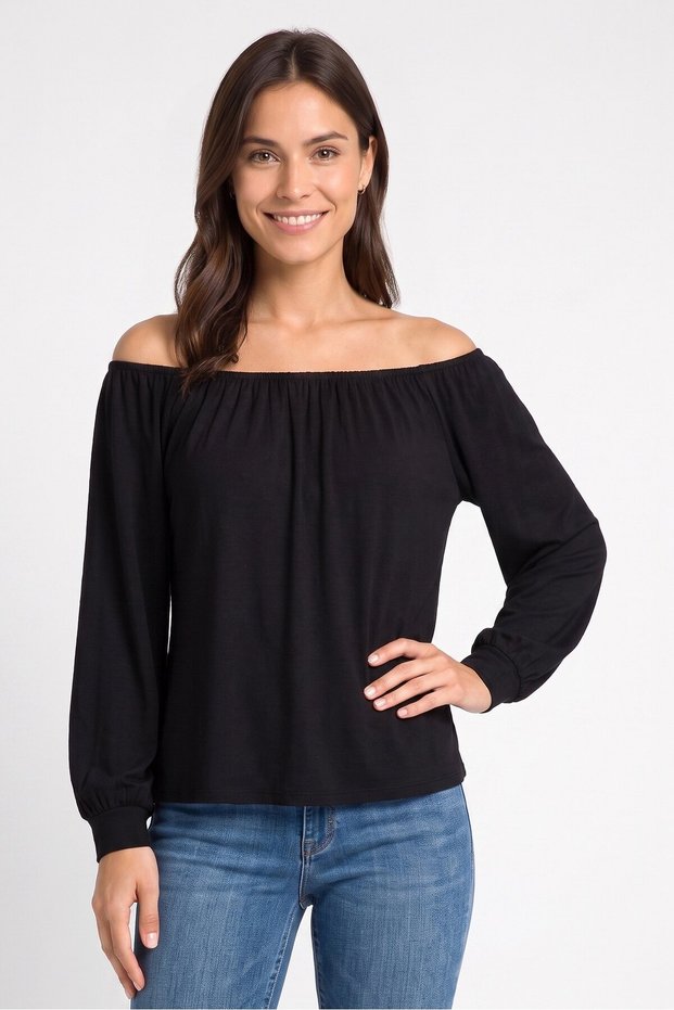 Women Off Shoulder Long Sleeve Plain Top, Black