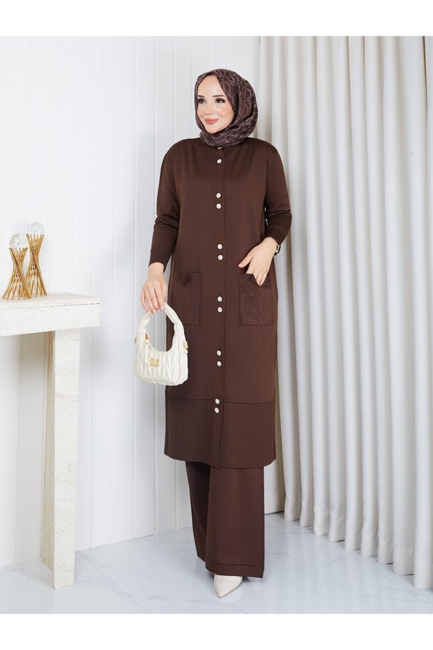 Cold Yarn Pocket Bow Detailed Buttoned Long Vest Knitwear Trouser Set