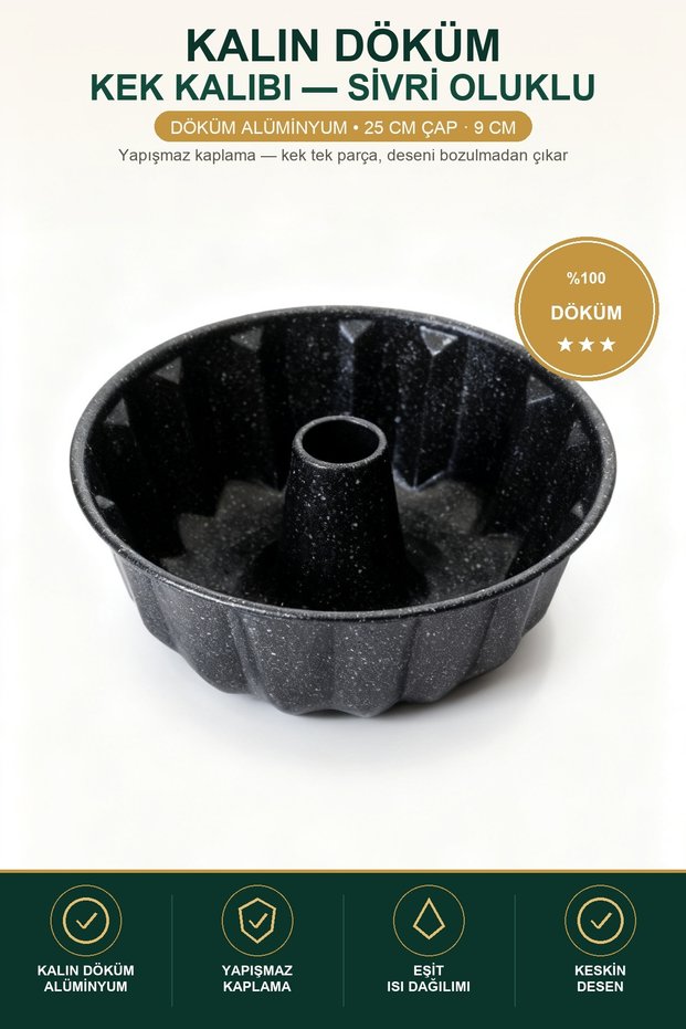 Thick Cast Cake Mold with Pointed Grooves, Black, 25 cm Diameter, Non-Stick Bundt Cake Mold with Whisk, Gift Included