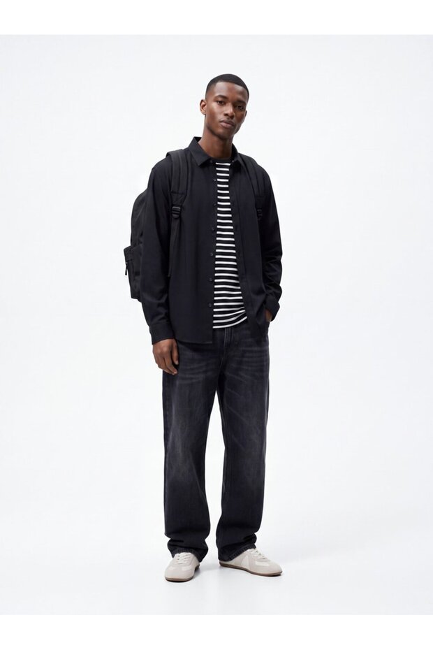 Slim Fit Collar Detailed Long Sleeve Black Shirt