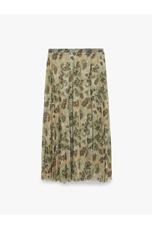 Floral Patterned Pleated Long Tulle Skirt