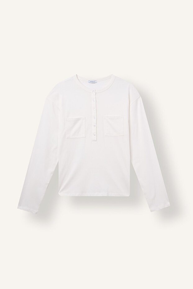 100% Cotton Buttoned Double Pocket Oversize Combed Cotton Long Sleeve Basic T-Shirt J0064Ax26Au