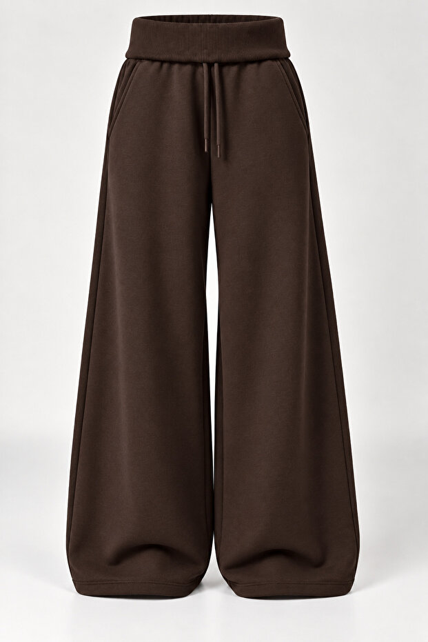 Brown 3-Threaded, Curled Waist Oversize Sweatpants