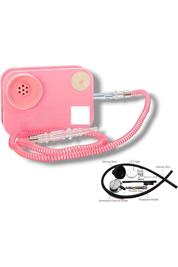 Portable Shisha Hookah Set, Acrylic Shisha Round Box with Silicone Bowl, Hose, Charcoal Holder, Remote Control - Pink