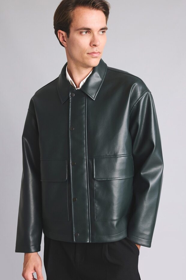 Regular Fit Polo Collar Faux Leather Coat with Snap Pockets H2826Ax26Au
