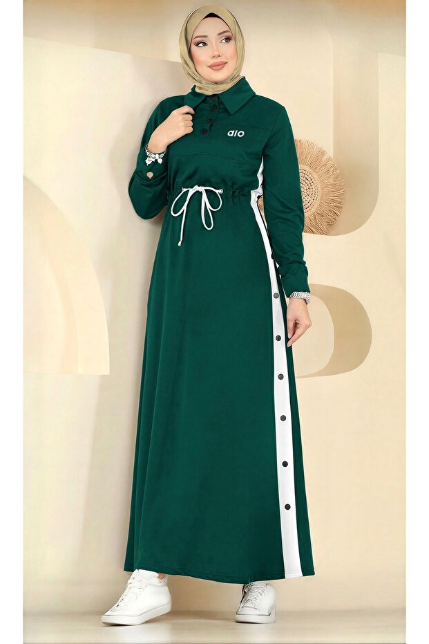 Button Detailed, Adjustable Waist Drawstring and Striped Hijab Dress