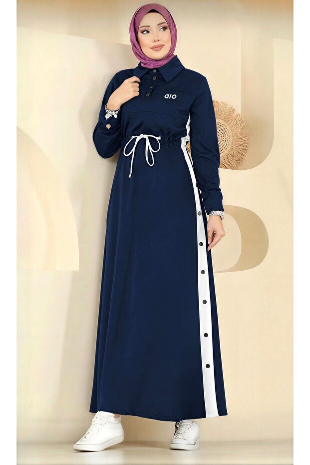 Button Detailed, Adjustable Waist Drawstring and Striped Hijab Dress