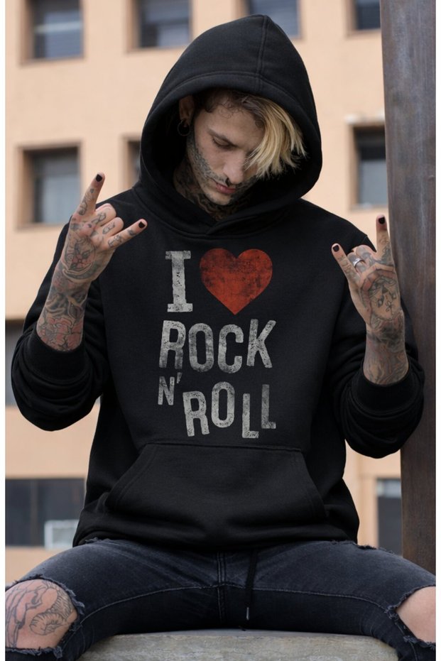 Unisex Oversize I Love Rock and Roll Printed Hooded Sweatshirt