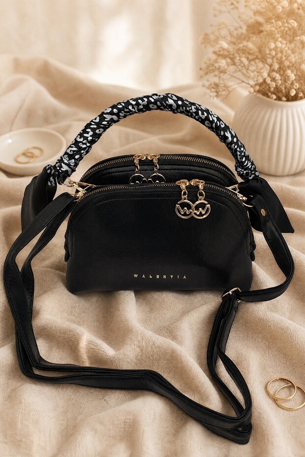 Two-Compartment Scarf Detailed Hanging Bag - Black