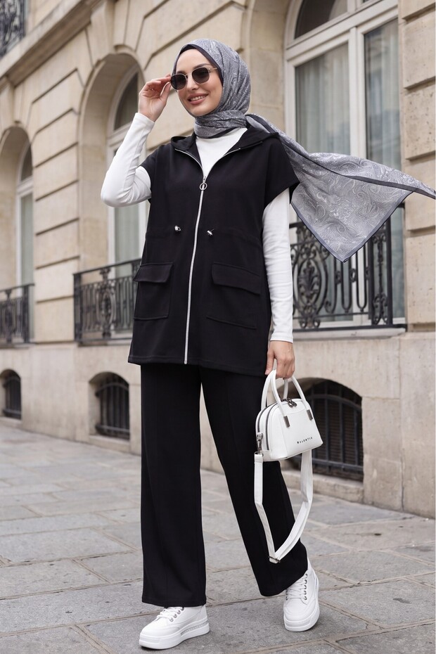 Double Suit with Stand Collar, Zipper Closure, Double Pockets, Elastic Waist - Black