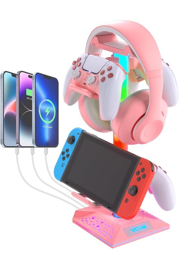 حامل سماعات رأس RGB مع منفذين USB ومنفذ Type-C، حامل وحدة تحكم الألعاب مع 10 أوضاع إضاءة